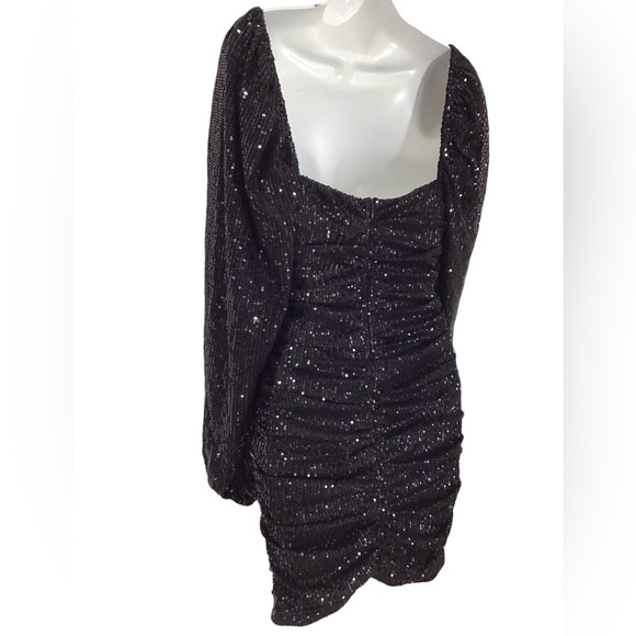 Lady Voxy Black V Neck Sequin Ruched Long Sleeve Mini Dress - Picture 5 of 6